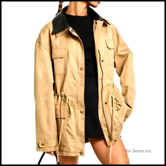 Faux Leather Collar Utility Jacket with Drawstring Waist and Multiple Pockets